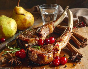 Delicious Lamb Chops with Cranberries, Pears, Cinnamon, and Star Anise Arrangement