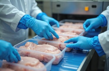 Workers in blue gloves and white coats place raw chicken fillets into plastic trays on a conveyor belt. Food processing plant operation. Meat packaging line.