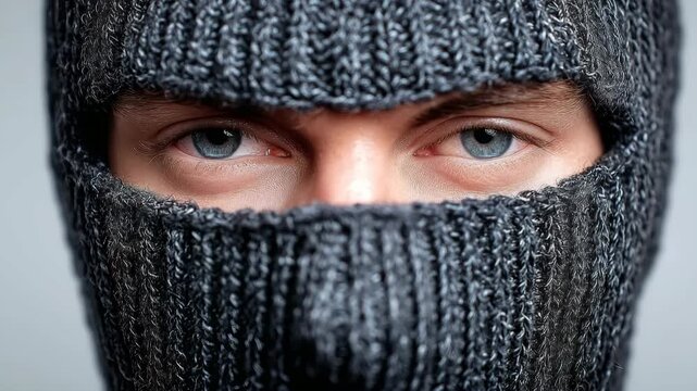 Close-up of a person's intense eyes visible through a black knit balaclava, creating a mysterious and confrontational atmosphere.