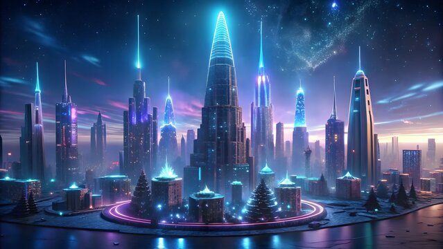 Modern cityscape glows in futuristic urban skyline