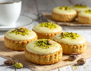 Delicious pistachio tarts with creamy topping, perfect for a sweet dessert presentation