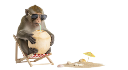 Monkey chilling on beach chair drinking coconut juice isolated PNG with Transparent Background