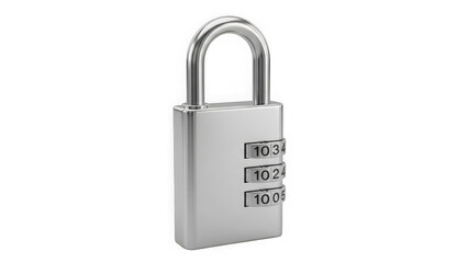 A sleek, gleaming chrome combination padlock, securely locked with numerical dials, representing robust digital and physical security solutions. isolated on transparent background