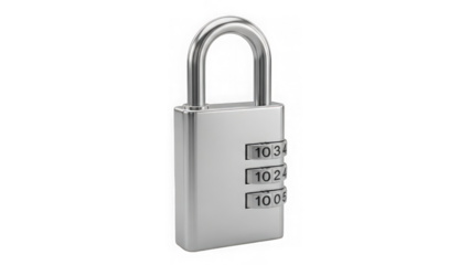 A sleek, gleaming chrome combination padlock, securely locked with numerical dials, representing robust digital and physical security solutions. isolated on transparent background