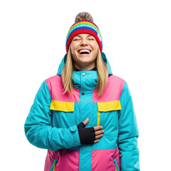 Joyful young blonde woman laughing with eyes closed, wearing a vibrant colorful winter jacket and a rainbow striped beanie against a black background.