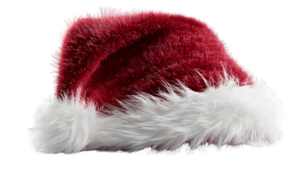 Plush Santa hat with realistic fur trim and soft shadows isolated on white background