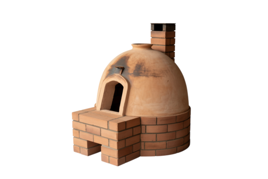 Traditional clay pizza oven with brick base isolated on transparent background