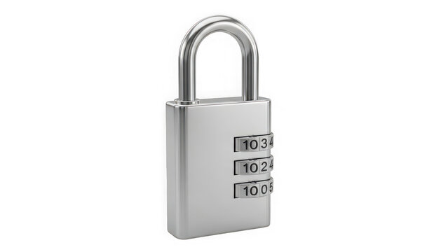 A sleek, gleaming chrome combination padlock, securely locked with numerical dials, representing robust digital and physical security solutions. isolated on transparent background - Powered by Adobe