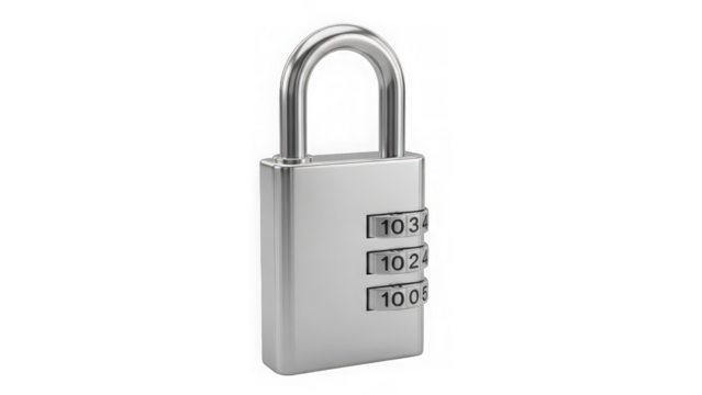 A sleek, gleaming chrome combination padlock, securely locked with numerical dials, representing robust digital and physical security solutions. isolated on transparent background