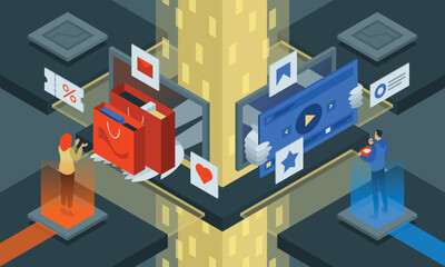 The digital marketing with AI design concept. Winning new customers with modern AI marketing strategies using different channels. Vector illustration isometric style.