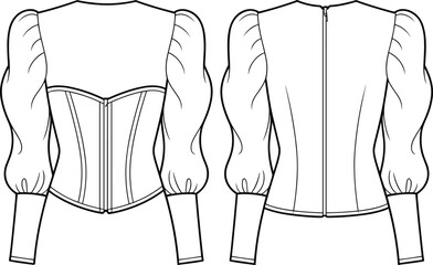 Technical flat sketch vector illustration of a women's fitted corset blouse. Front and back view of chic top with puff long sleeves, boning details, and a center zip.