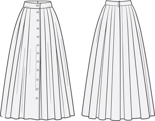 Technical flat sketch vector illustration of a women's flared maxi skirt. Front and back view of long A-line skirt with waistband, pleats, and full button-down placket.