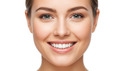Obraz premium Close-up portrait of a smiling young woman with perfect white teeth and radiant skin, exuding pure happiness and confidence. isolated on transparent background