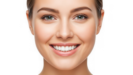 Close-up portrait of a smiling young woman with perfect white teeth and radiant skin, exuding pure happiness and confidence. isolated on transparent background