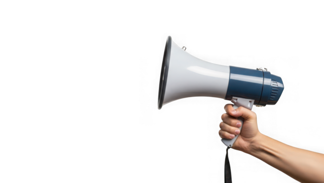 Hand holding a white and blue megaphone, an announcement device for broadcasting news, information, or protests. isolated on transparent background