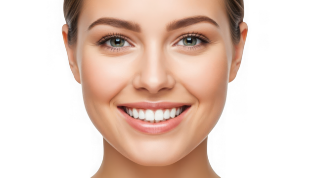 Close-up portrait of a smiling young woman with perfect white teeth and radiant skin, exuding pure happiness and confidence. isolated on transparent background