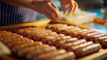 Medium shot showing the meticulous twisting and portioning of freshly filled sausage links to create uniform sizes for cooking