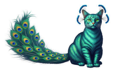 Turquoise cat with peacock tail and dragonfly wings isolated PNG with Transparent Background
