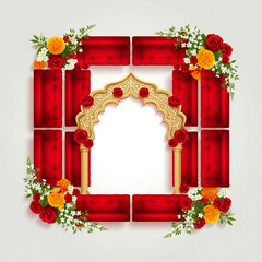 Red Seating Arranged Around an Ornate Archway with Flowers sofas furniture isolated on a transparent background