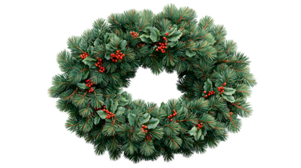Realistic Christmas wreath made of fresh fir branches and holly leaves isolated on white background