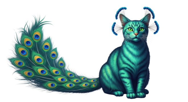 Turquoise cat with peacock tail and dragonfly wings isolated PNG with Transparent Background