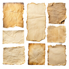 Collection of old, aged, and burnt parchment paper sheets isolated on transparent background