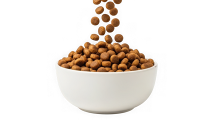 Nutritious dry pet food kibble gracefully falling into a clean white ceramic bowl, essential daily meal for domestic animals. isolated on transparent background