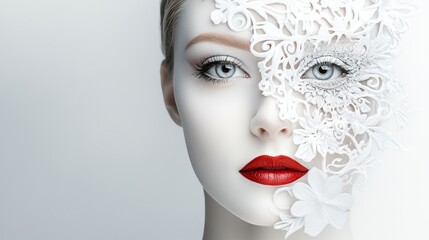 Woman is wearing elaborate white lace adornments and bright red lipstick against a light backdrop, creating a striking contrast.