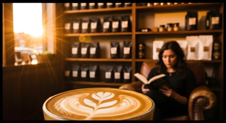 Cozy Coffee Shop Scene with Latte Art and Woman Reading by Sunlight