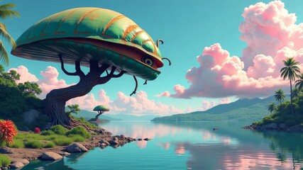 Large whimsical treehouse with round spaceship-like structure floats above serene lake, surrounded by fantastical clouds and pastel sky, magical adventure atmosphere - Powered by Adobe