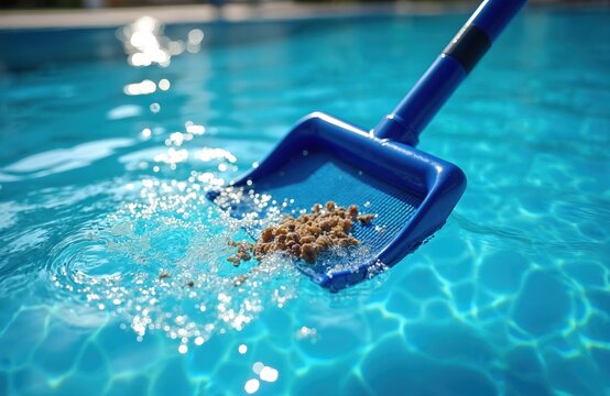 Blue pool skimmer removes brown dirt from clean water surface. Tool cleans swimming pool. Person maintains clear blue water for hygiene, healthy lifestyle. Summer day care.