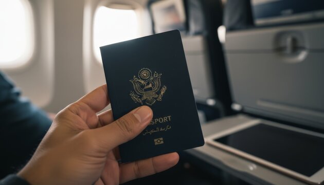 Traveler's hand holding a blue united states passport inside an airplane cabin, preparing for an international flight and global journey to a vacation destination