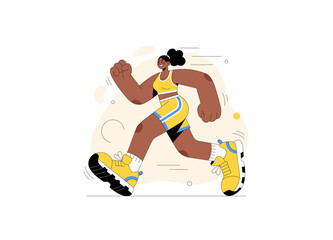 An athletic woman running or jogging with energy and a cheerful expression. She is depicted mid-stride, showcasing a dynamic movement that conveys speed, fitness, and vitality.