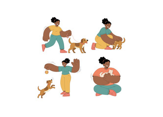 This illustration set captures the warm relationship and joy between a woman and her companion animals—a dog and a cat.
