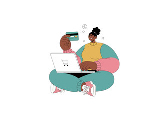 This illustration depicts a woman comfortably seated on the floor in a cross-legged position, actively engaging in online shopping.