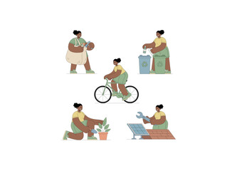 This collection of illustrations features a woman actively participating in various eco-friendly and sustainable activities, emphasizing environmental consciousness and responsibility.