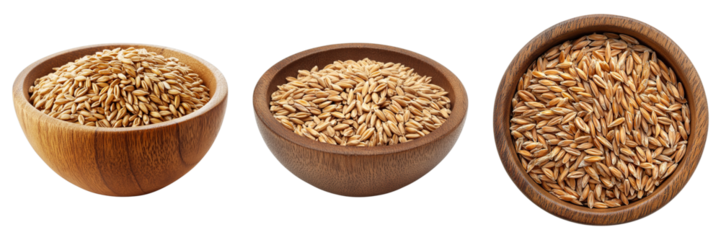 A trio of wooden bowls, each filled to the brim with grains, showcasing their natural texture and appeal