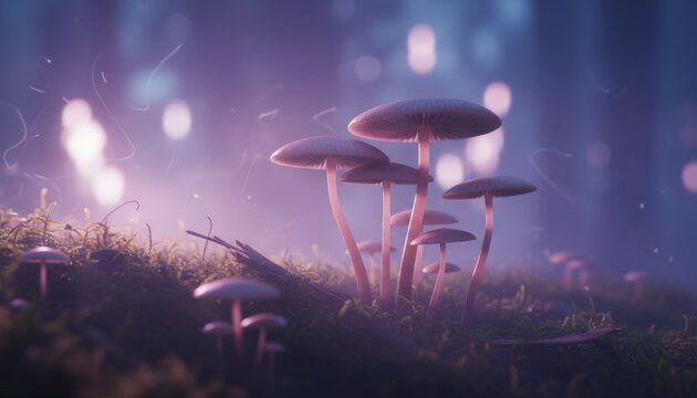 Magic mushrooms sprout from moss in an enchanted forest, glowing with ethereal purple light and drifting bokeh particles, creating a surreal, dreamlike atmosphere - Powered by Adobe