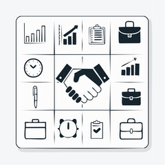 Set of business icons including handshake, briefcase, charts, and clock for corporate management and finance design.
