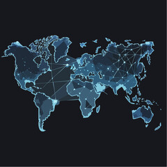 Blue digital world map with network connections representing global technology, communication, and internet data.