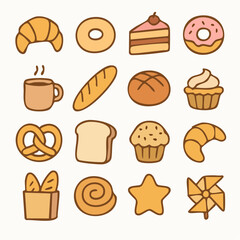 Bakery icon set featuring croissant, donut, bread, pretzel, cupcake, and coffee for cafe and food menu design.