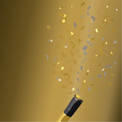 Gold party popper exploding with confetti and ribbons for New Year celebration, birthday, and surprise events.