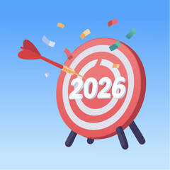 Bullseye target with arrow and 2026 text representing business goals, new year resolutions, and future success.