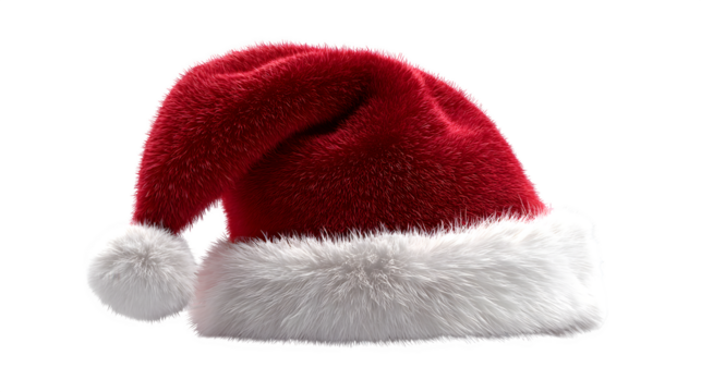 Realistic red Santa hat with fluffy white trim and soft pom-pom isolated on white background