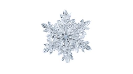 Realistic transparent glass snowflake 3D render isolated on white background