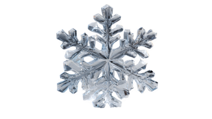 Realistic transparent glass snowflake 3D render isolated on white background