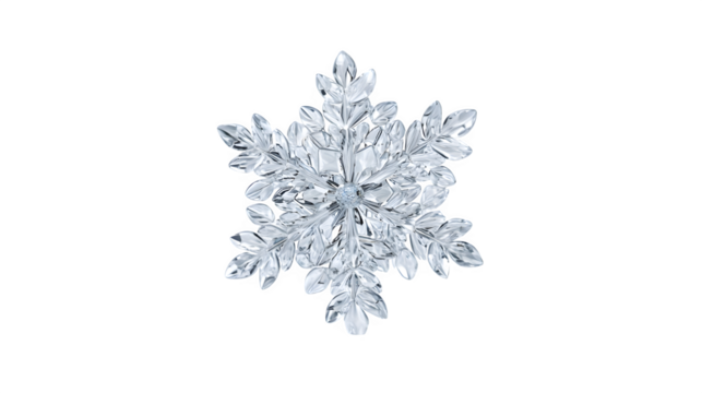Realistic transparent glass snowflake 3D render isolated on white background
