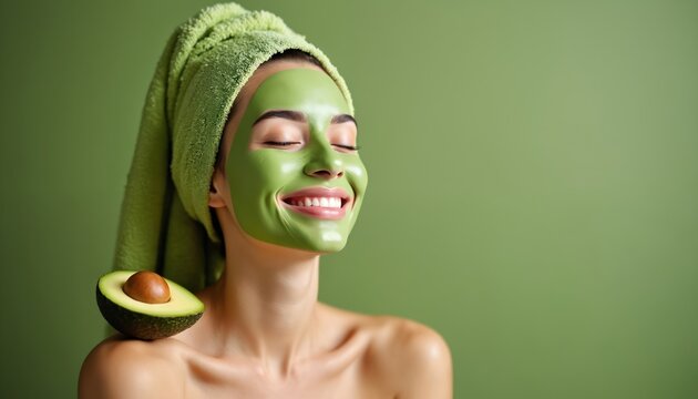 Smiling woman with green face mask, towel on head. Avocado on shoulder. Relaxing spa treatment. Green background. Healthy glowing skin. Beauty, wellness. Natural skincare. Facial care. Wellbeing. Spa