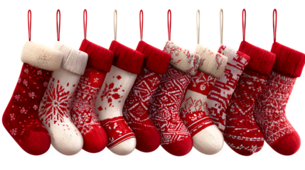 Red Christmas stockings collection in assorted designs isolated on white background