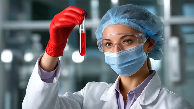 Medical lab technician in protective equipment holding specimen vial with red liquid following safety measures, with copy space